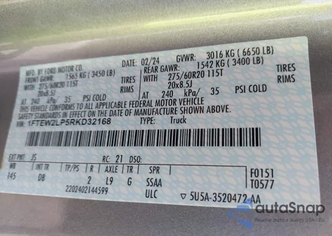 2024 Ford F-150 Stx из США, поврежденный, VIN 1FTEW2LP5RKD32168